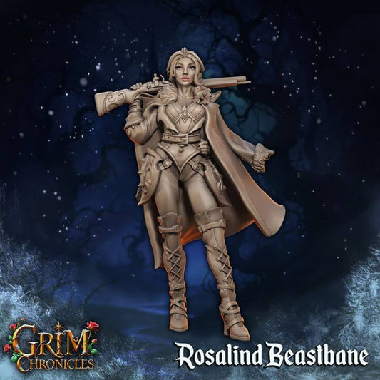 The Huntress Rosalind Beastbane Grim Chronicles miniature in dark fantasy setting, 3D printed by Border3D LLC.