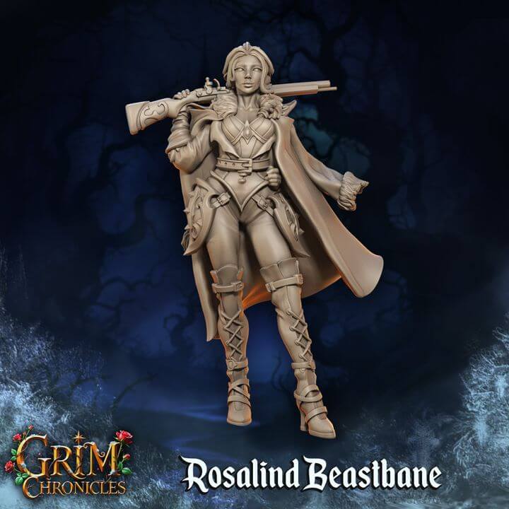 The Huntress Rosalind Beastbane Grim Chronicles 3D printed resin miniature by Border3D, dark fantasy figure.