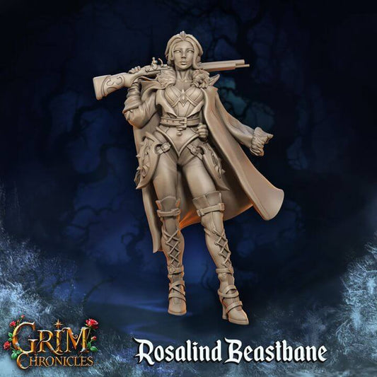 The Huntress Rosalind Beastbane Grim Chronicles 3D printed resin miniature by Border3D, dark fantasy figure.