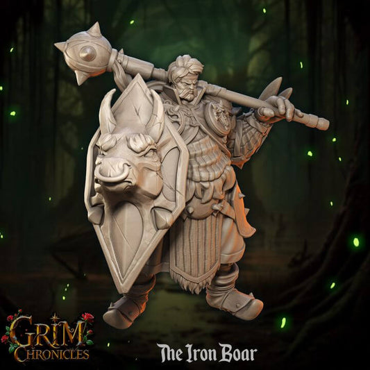The Iron Boar Grim Chronicles statue in a dark forest setting