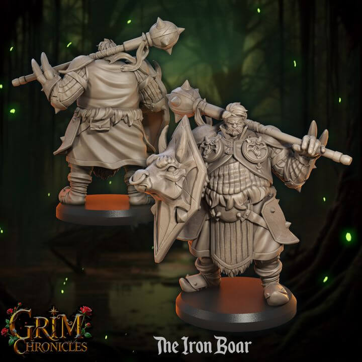 The Iron Boar Grim Chronicles miniatures in fantasy forest setting