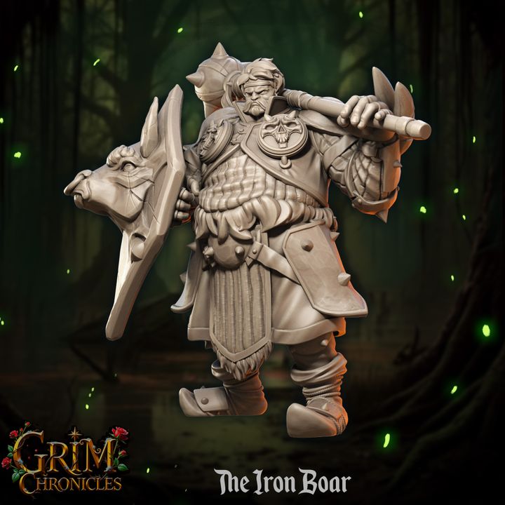 Statue of The Iron Boar Grim Chronicles character in a mystical forest setting.