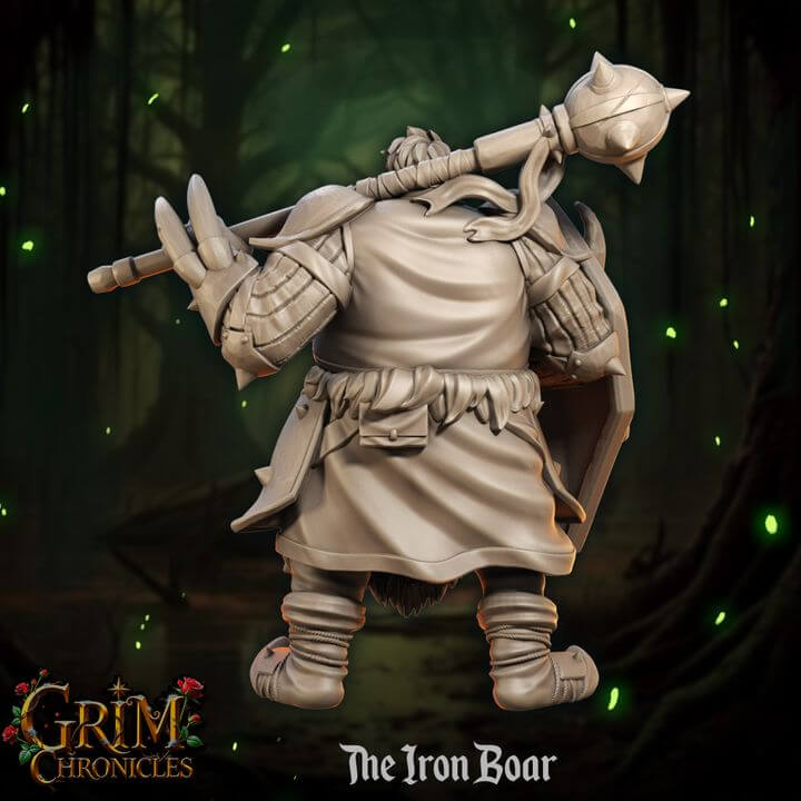 The Iron Boar Grim Chronicles figurine depicting a warrior with a mace standing in a mystical forest.
