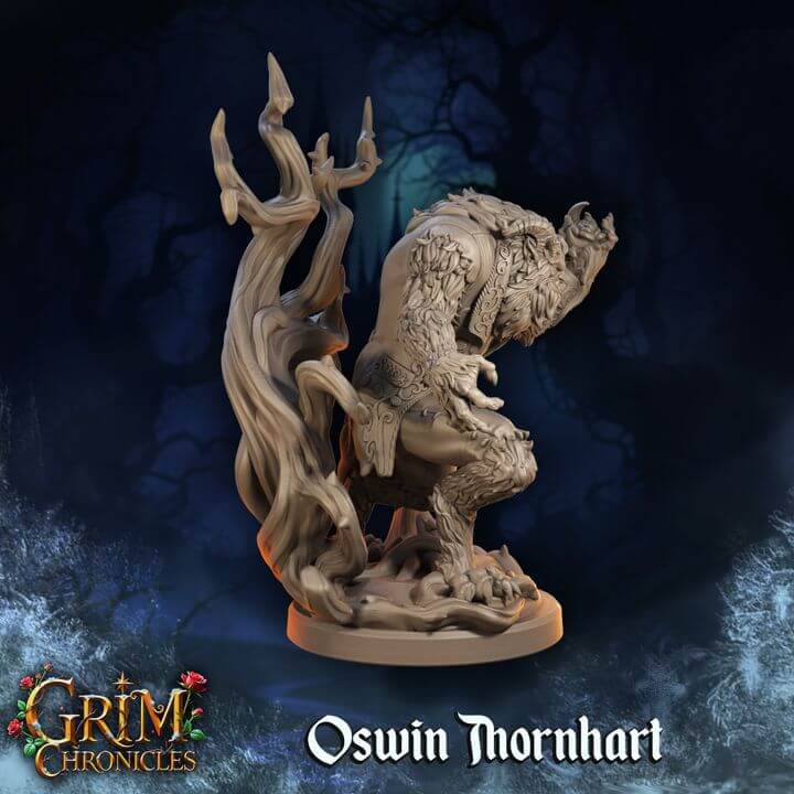 The Monster Oswin Thornhart Grim Chronicles miniature showcasing detailed sculpt of a shadowy beast with twisted armor and cloak.