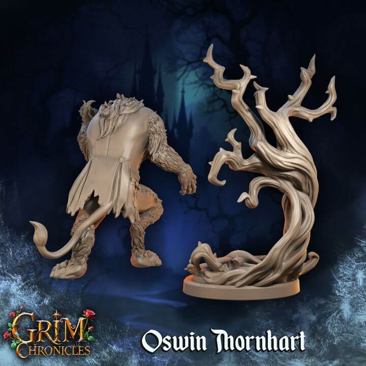 The Monster Oswin Thornhart Grim Chronicles miniature showcasing detailed sculpting of a mythical beast and gnarled tree.