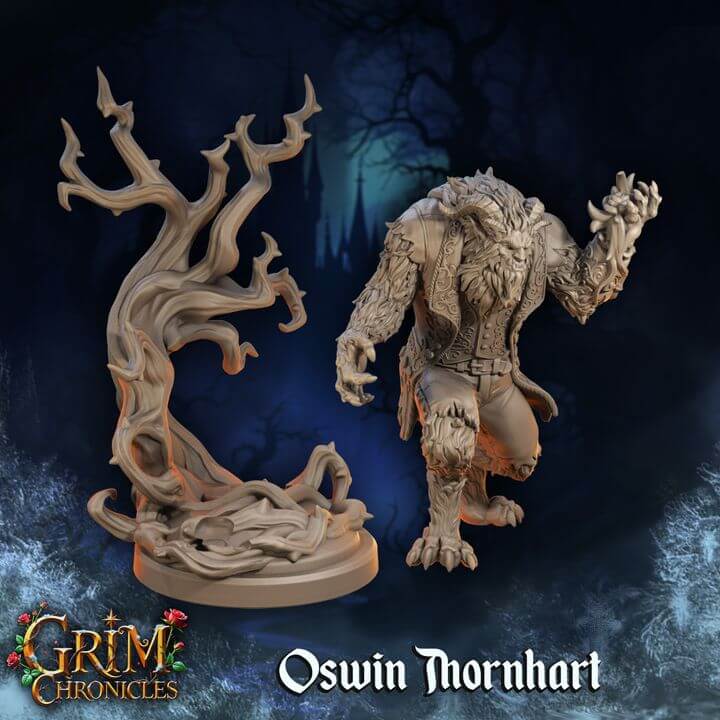 The Monster Oswin Thornhart Grim Chronicles miniature by Grim Chronicles with detailed dark, twisting tree and monstrous figure.