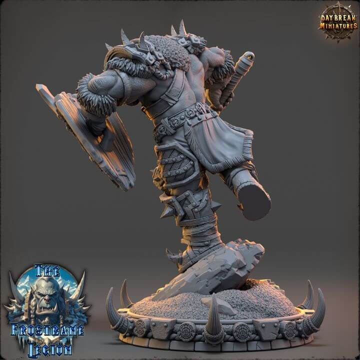 Throggar Wolfbane Frostbane Legion miniature figurine with intricate details and battle-ready pose on a decorative base.
