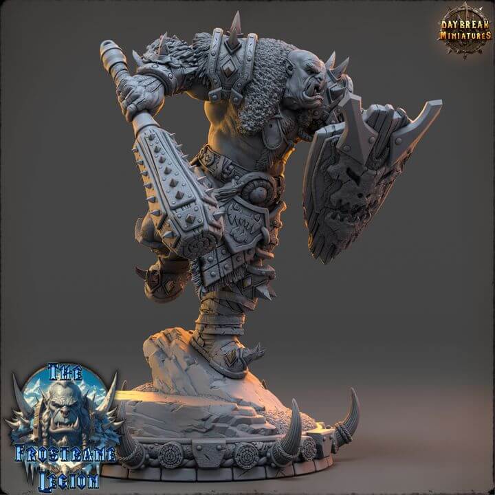 Throggar Wolfbane Frostbane Legion miniature figure in battle armor with shield and weapon, depicting a fierce warrior stance.