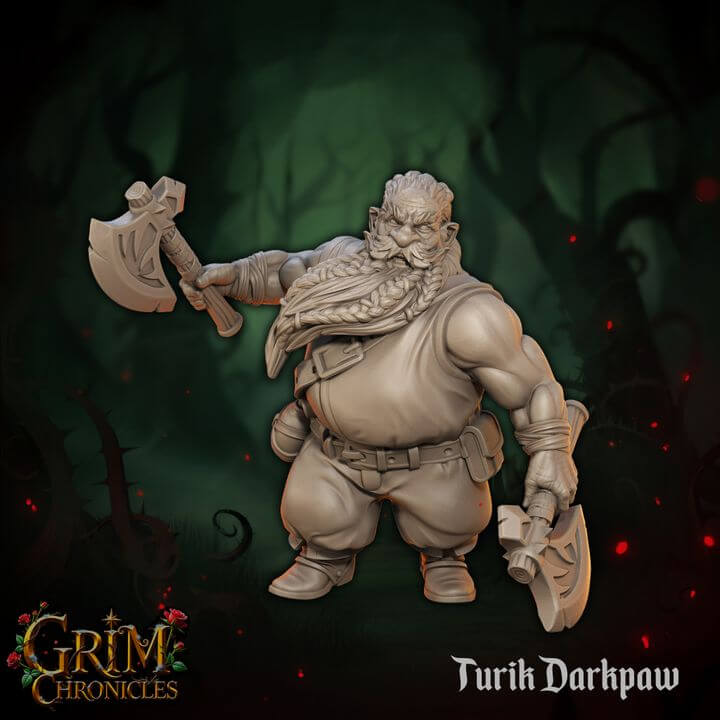 Turik Darkpaw Grim Chronicles character figure holding axes with forest background