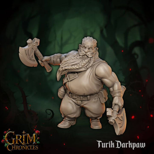 Turik Darkpaw Grim Chronicles character figure holding axes with forest background