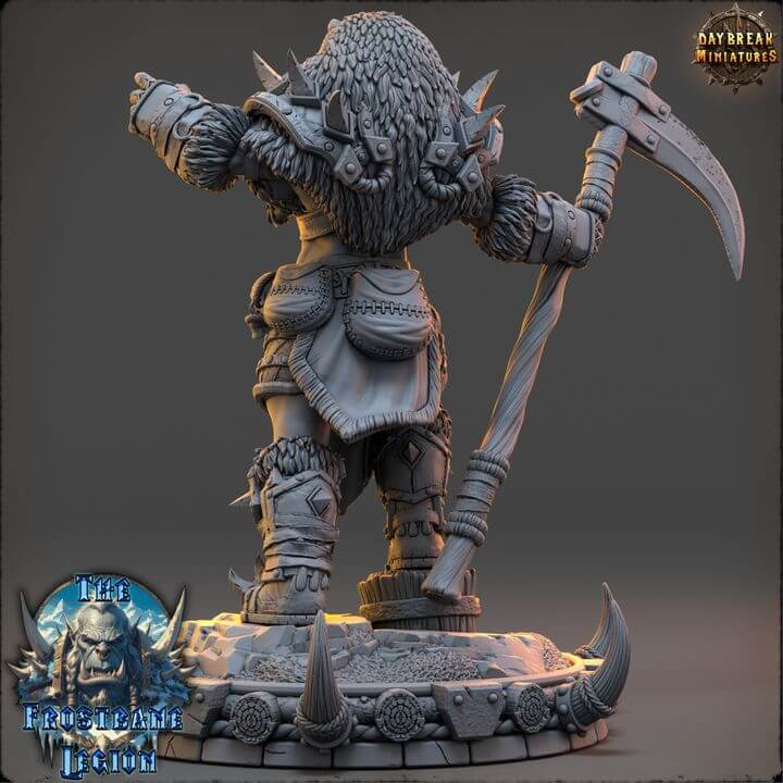 Image of Vhala The Crimson Howler Frostbane Legion, showcasing intricate armor and weapon details from the back view on a sculpted base.
