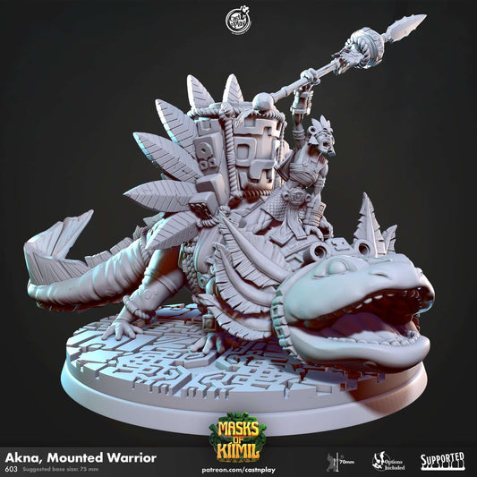 "Akna Mounted Warrior Cast N Play Masks Of Kiimil 3D resin miniature front view Border3D LLC"
