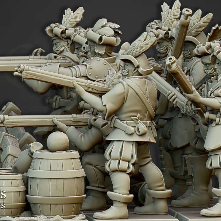 Highlands Miniatures Arquebusier Unit 3D printed resin figures ready for tabletop wargaming.