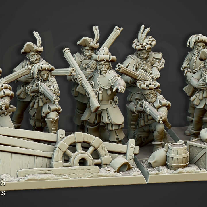 Highlands Miniatures Arquebusier Unit 3D printed resin figures in battle-ready stances, crafted by Border3D LLC for The 9th Age game