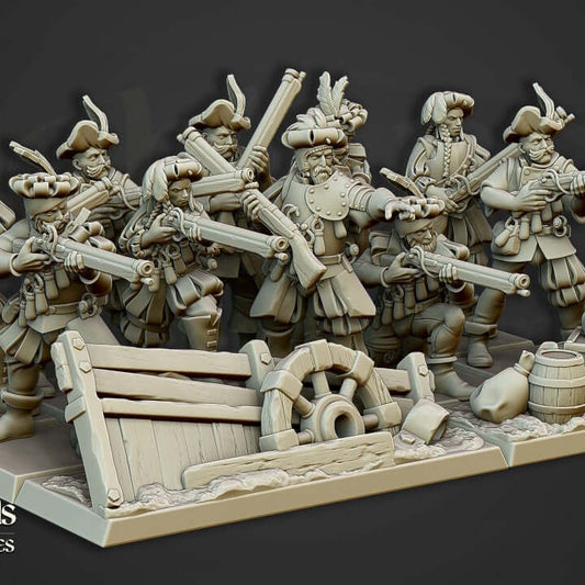 Highlands Miniatures Arquebusier Unit 3D printed resin miniatures by Border3D LLC, representing tactical marksmen in The 9th Age wargame.