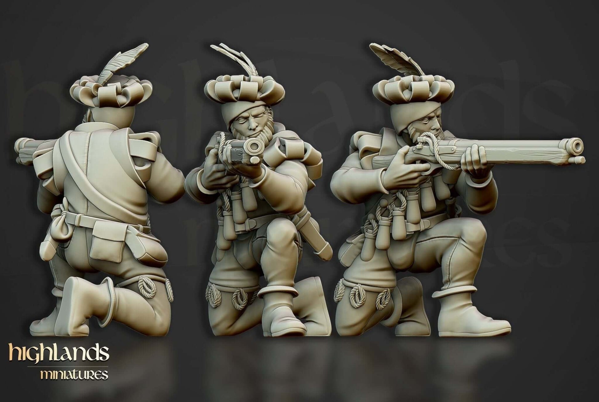 Highlands Miniatures Arquebusier Unit 3D printed resin figures, tactical precision for The 9th Age wargame.
