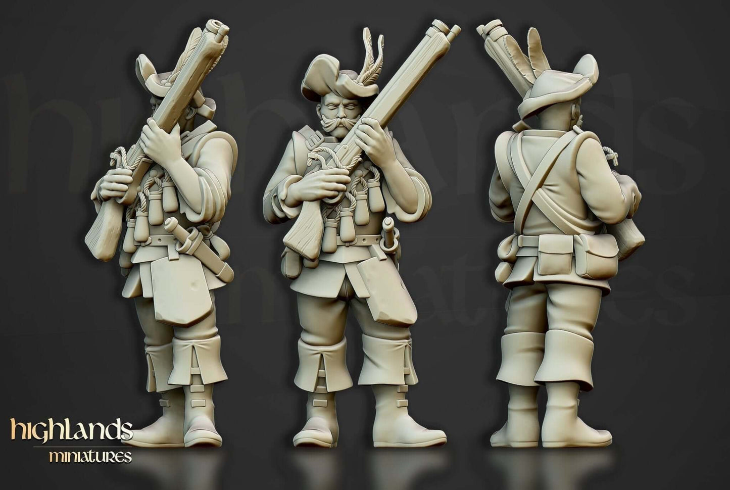 Highlands Miniatures Arquebusier Unit 3D printed resin figures by Border3D LLC showcasing Renaissance wargaming models.