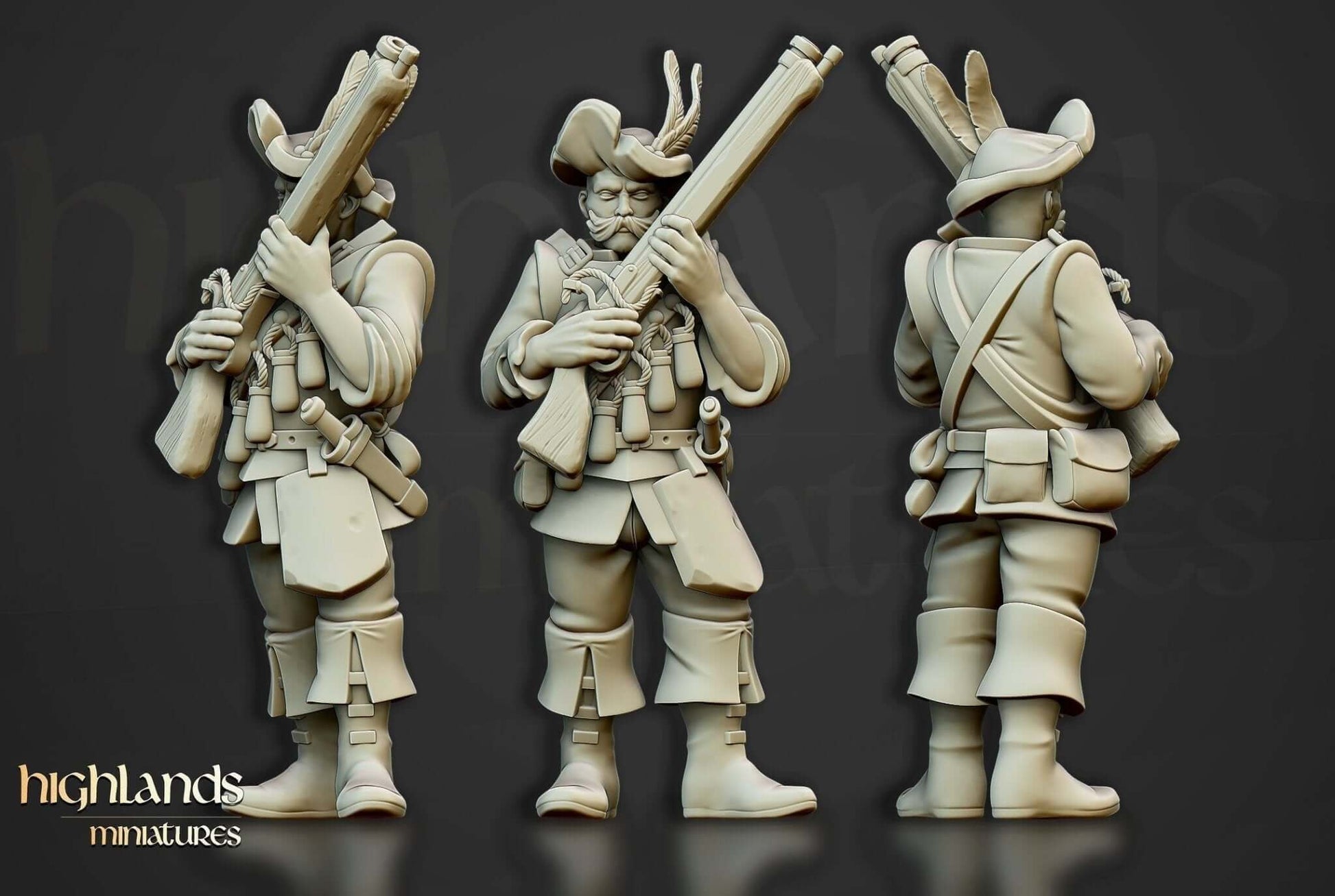 Highlands Miniatures Arquebusier Unit 3D printed resin figures by Border3D LLC showcasing Renaissance wargaming models.
