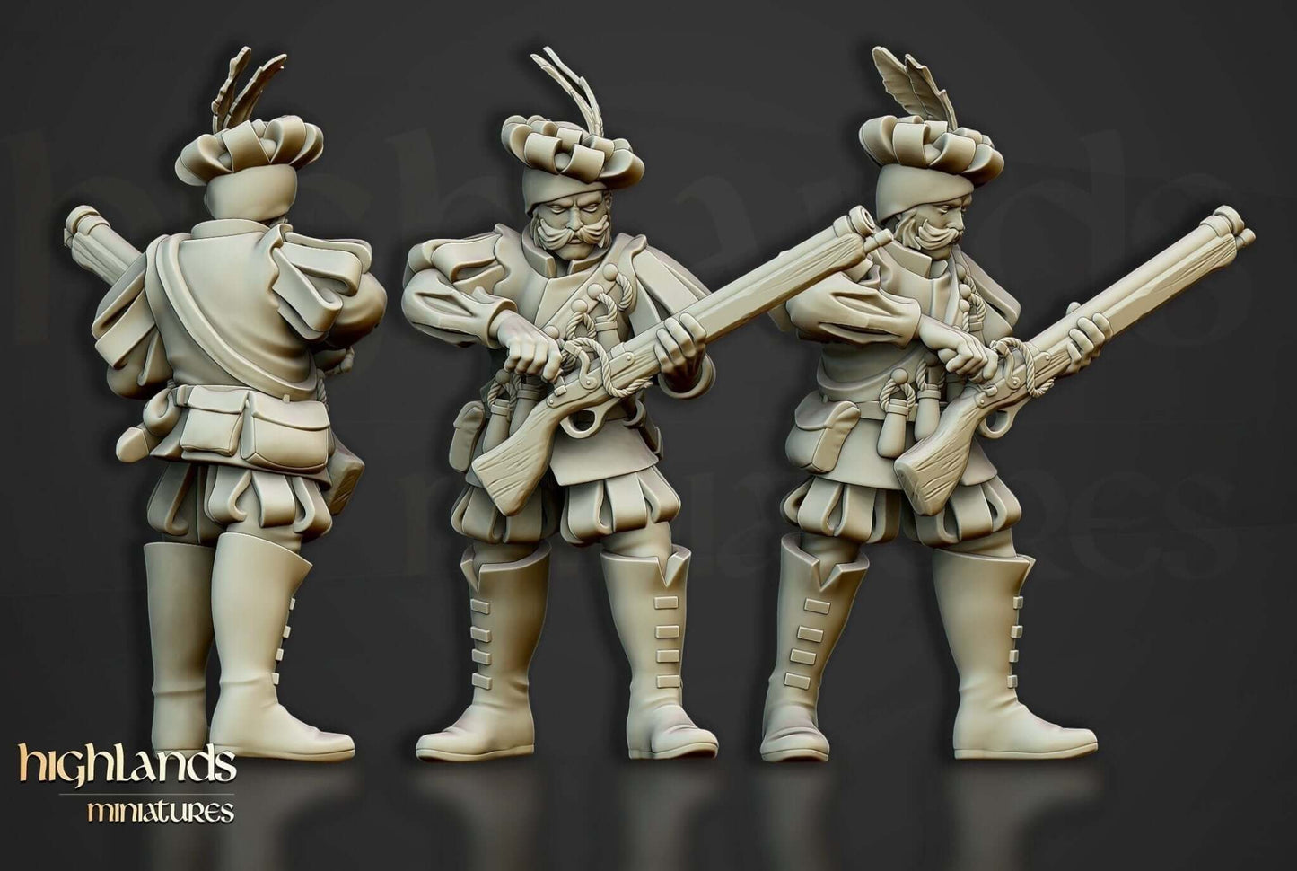 Highlands Miniatures Arquebusier Unit resin miniatures by Border3D LLC for The 9th Age Sunland Empire wargame.