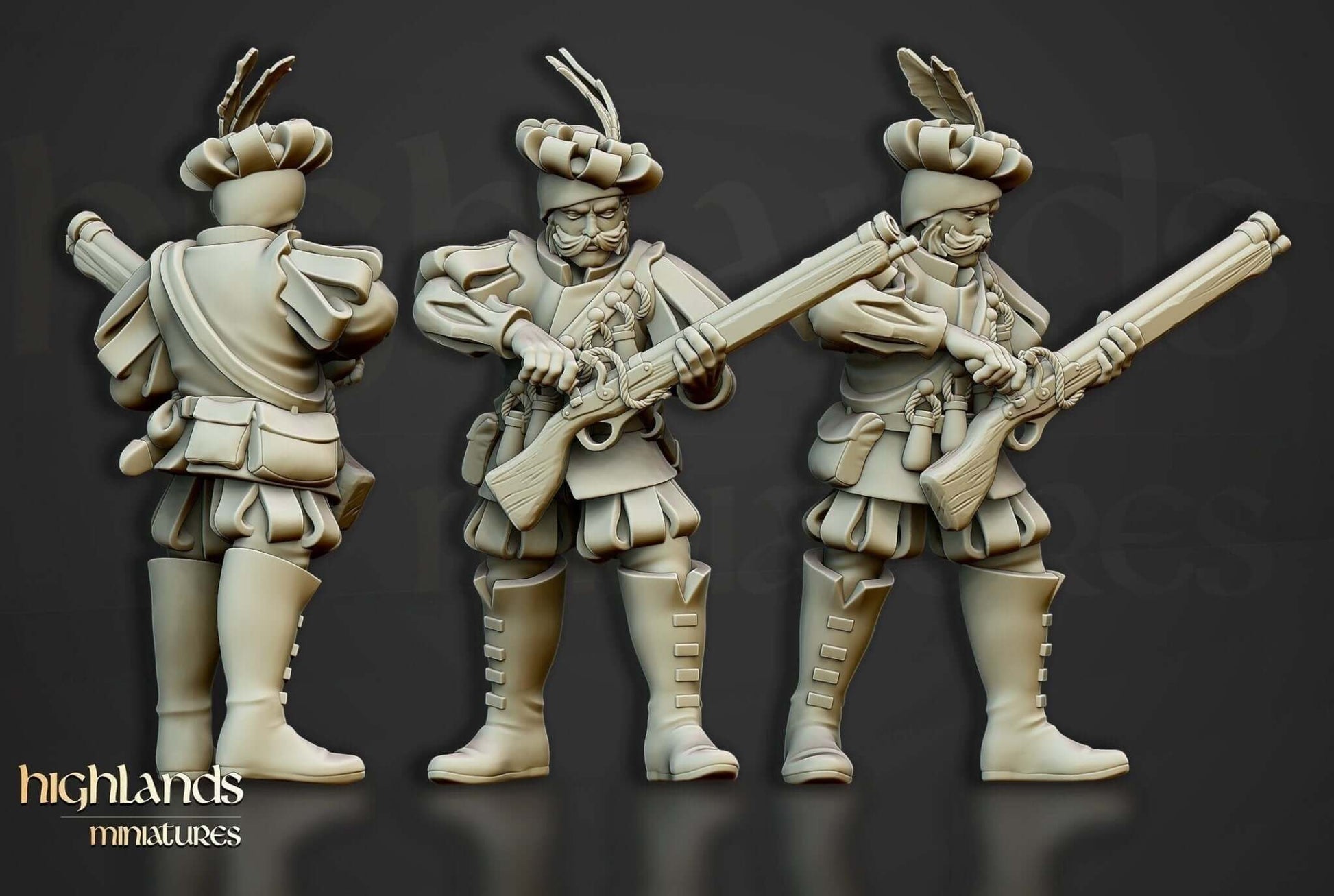 Highlands Miniatures Arquebusier Unit resin miniatures by Border3D LLC for The 9th Age Sunland Empire wargame.