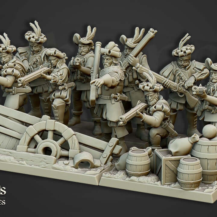 Highlands Miniatures Arquebusier Unit 3D resin figures with arquebuses from Border3D LLC for The 9th Age Sunland Empire game.