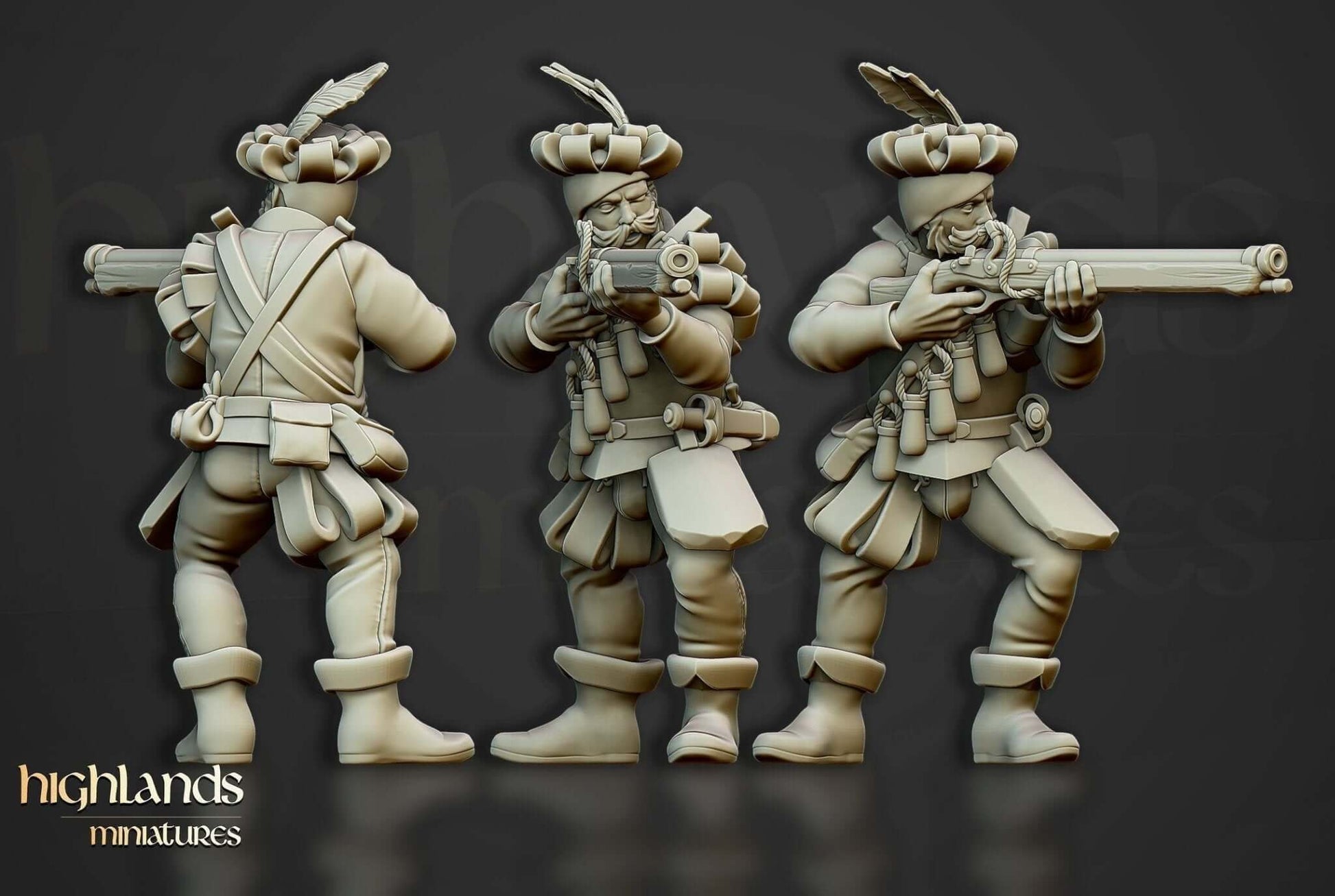 Highlands Miniatures Arquebusier Unit 3D printed resin models featuring detailed Renaissance warfare figures for tabletop gaming.