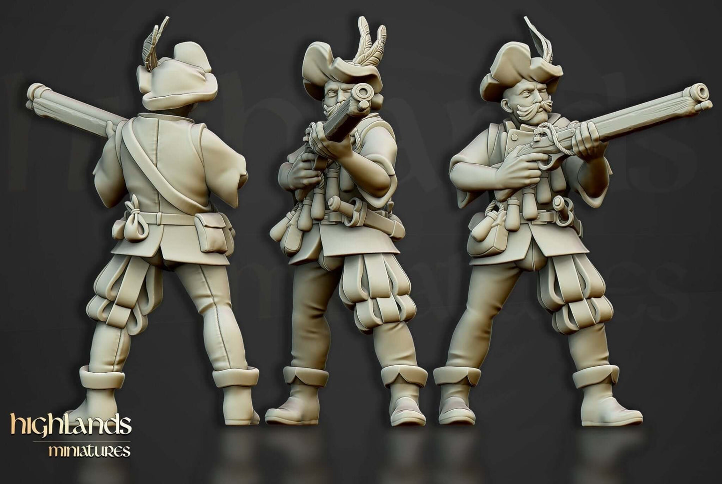 3D printed Highlands Miniatures Arquebusier Unit resin models with arquebuses, made-to-order by Border3D in Texas.