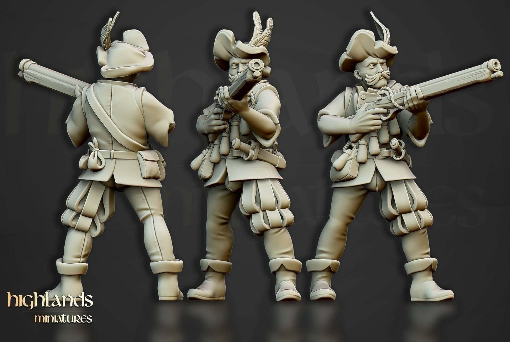 3D printed Highlands Miniatures Arquebusier Unit resin models with arquebuses, made-to-order by Border3D in Texas.