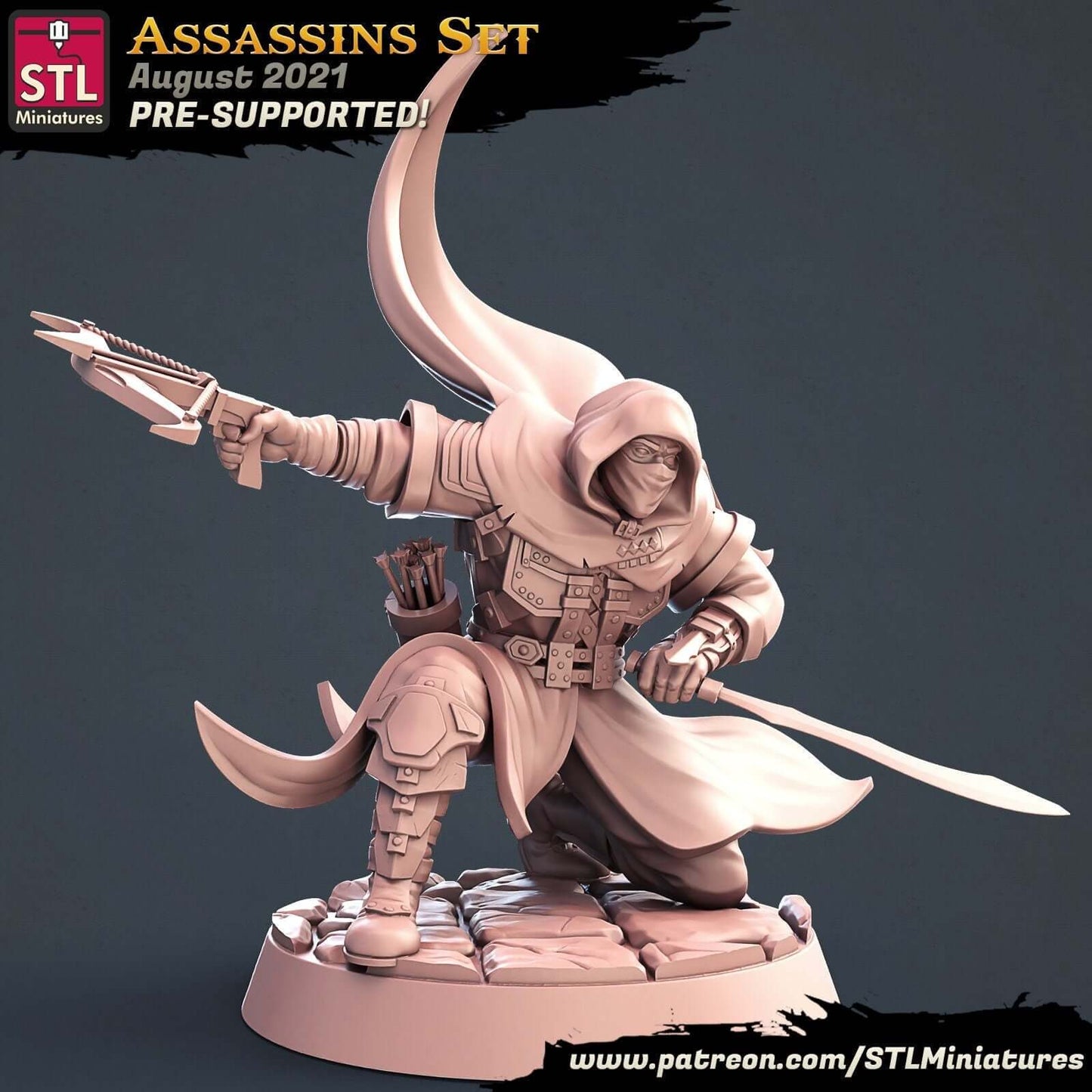 "Assassin B By STL Miniatures resin miniature front view Border3D LLC"