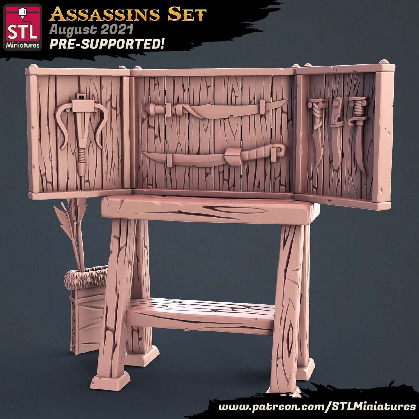 "Assassins Weapon Rack STL Miniatures resin terrain piece front view Border3D LLC"