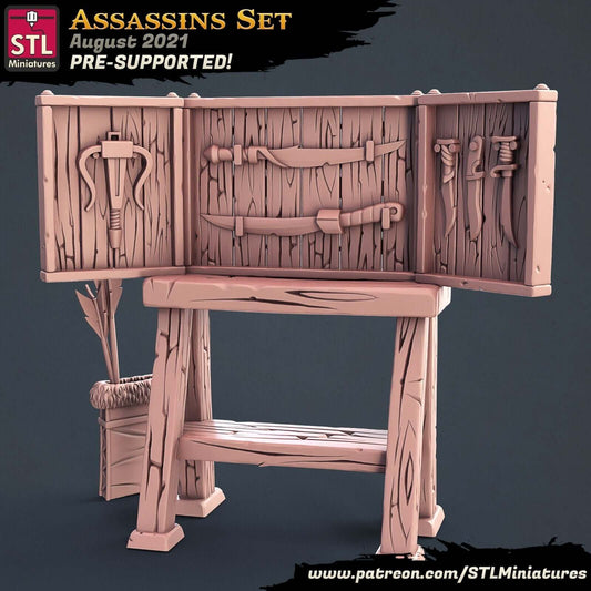 "Assassins Weapon Rack STL Miniatures resin terrain piece front view Border3D LLC"