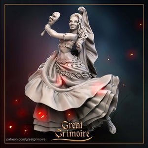Grim Chronicles Dancer performer 32mm resin miniature with flowing dance garments and dynamic mid-motion pose officially licensed from Great Grimoire by Border3D LLC veteran-owned Texas