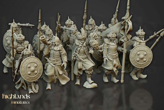 Highlands Miniatures Daughters Of Volhynia 3D printed resin figures defending the Empire, warrior women with bows and spears.