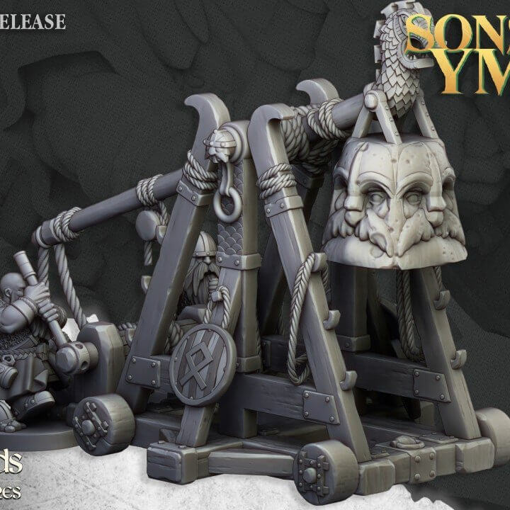 "Highlands Miniatures Dwarf Catapult Sons Of Ymir siege weapon side angle Border3D LLC"