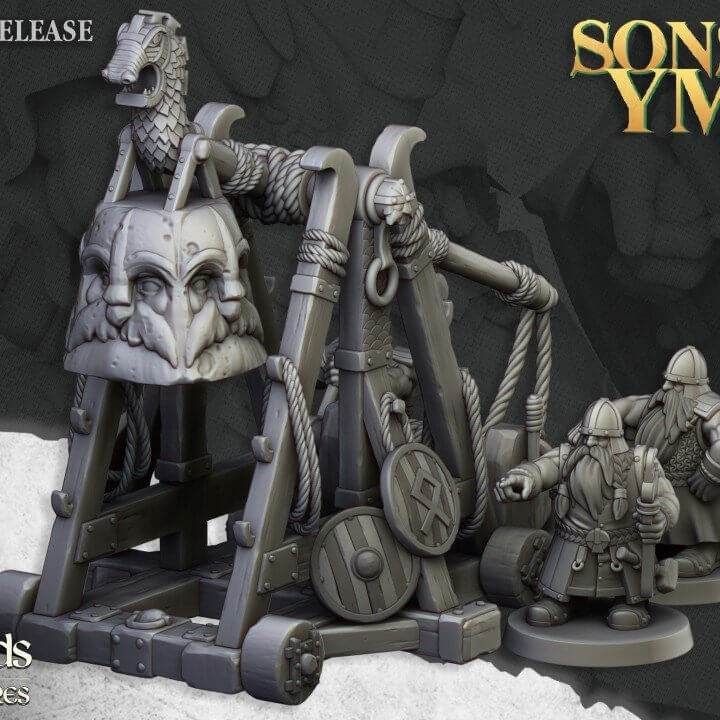 "Highlands Miniatures Dwarf Catapult Sons Of Ymir 32mm resin miniature front view Border3D LLC"