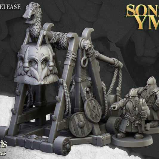 "Highlands Miniatures Dwarf Catapult Sons Of Ymir 32mm resin miniature front view Border3D LLC"