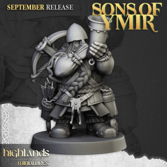"Highlands Miniatures Dwarf Crossbowmen Sons Of Ymir ranged weapons display Border3D LLC"