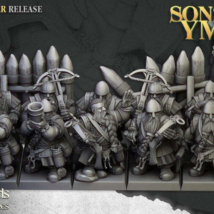 "Highlands Miniatures Dwarf Crossbowmen Sons Of Ymir 32mm resin miniatures front view Border3D LLC"