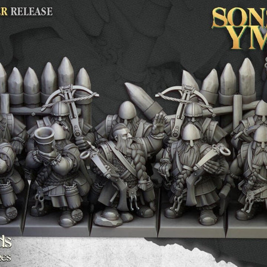 "Highlands Miniatures Dwarf Crossbowmen Sons Of Ymir 32mm resin miniatures front view Border3D LLC"