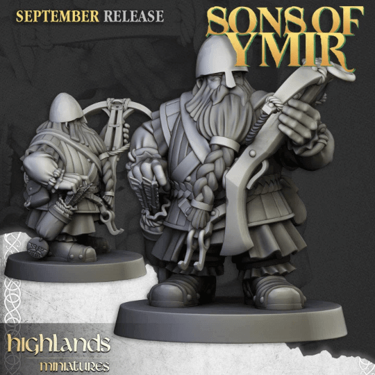 "Highlands Miniatures Dwarf Crossbowmen Sons Of Ymir firing line formation Border3D LLC"