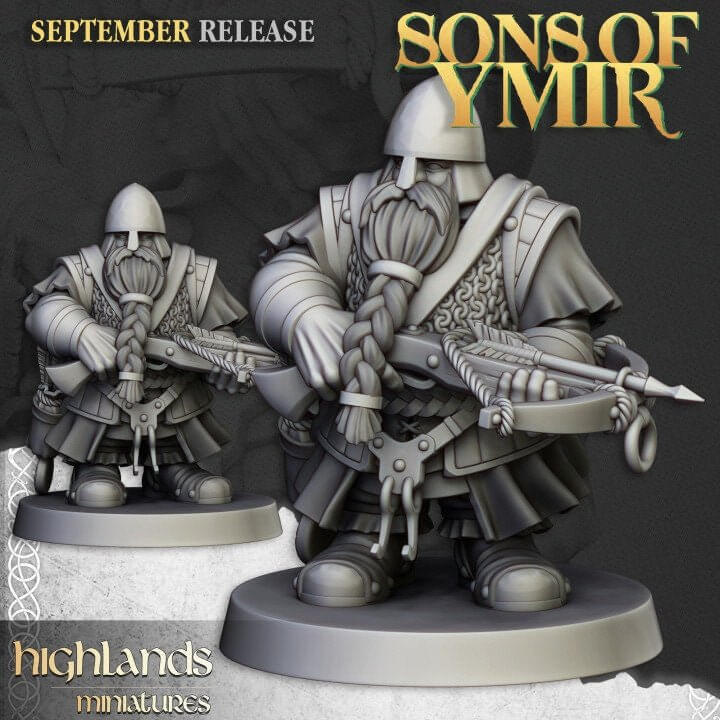 "Highlands Miniatures Dwarf Crossbowmen Sons Of Ymir miniatures back view Border3D LLC"