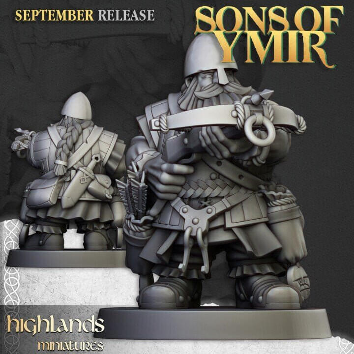 "Highlands Miniatures Dwarf Crossbowmen Sons Of Ymir masterwork crossbow detail close-up Border3D LLC"