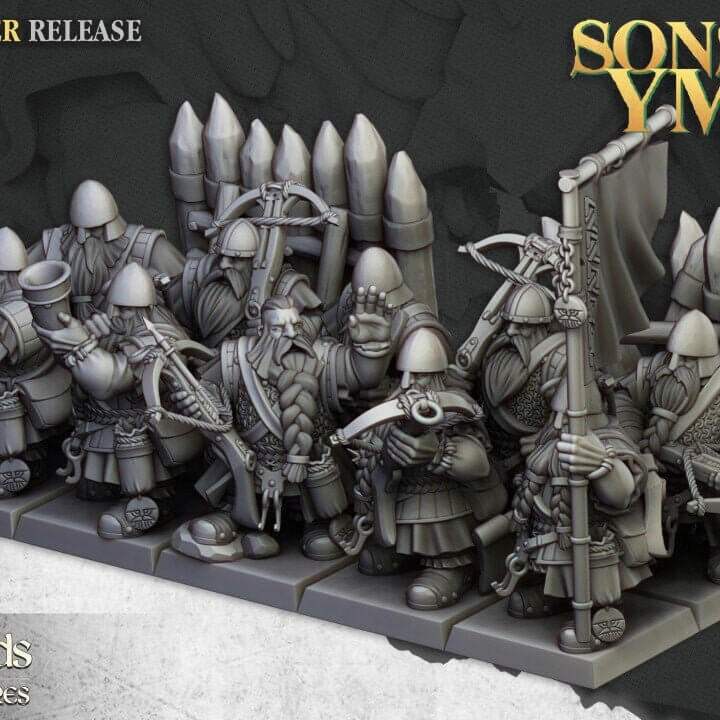 "Highlands Miniatures Dwarf Crossbowmen Sons Of Ymir ranged unit side angle Border3D LLC"