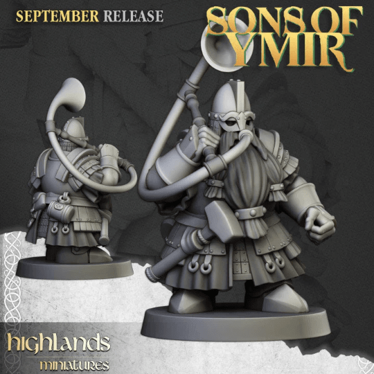 "Highlands Miniatures Dwarf Kingsguard  Sons Of Ymir elite warrior display Border3D LLC"