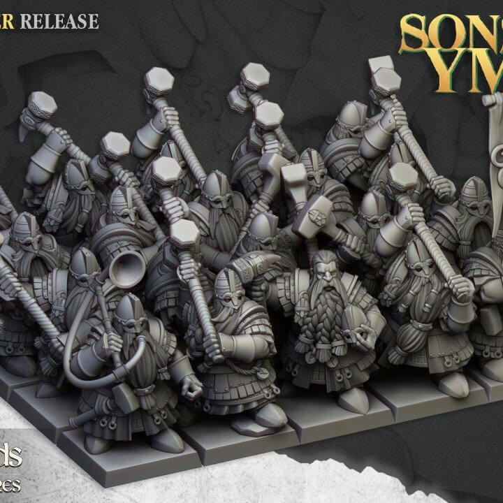 "Highlands Miniatures Dwarf Kingsguard  Sons Of Ymir royal guard side angle Border3D LLC"