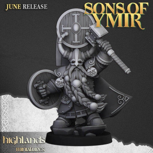 "Highlands Miniatures Dwarf Prince With Hammer And Shield 32mm resin miniature front view Border3D LLC"