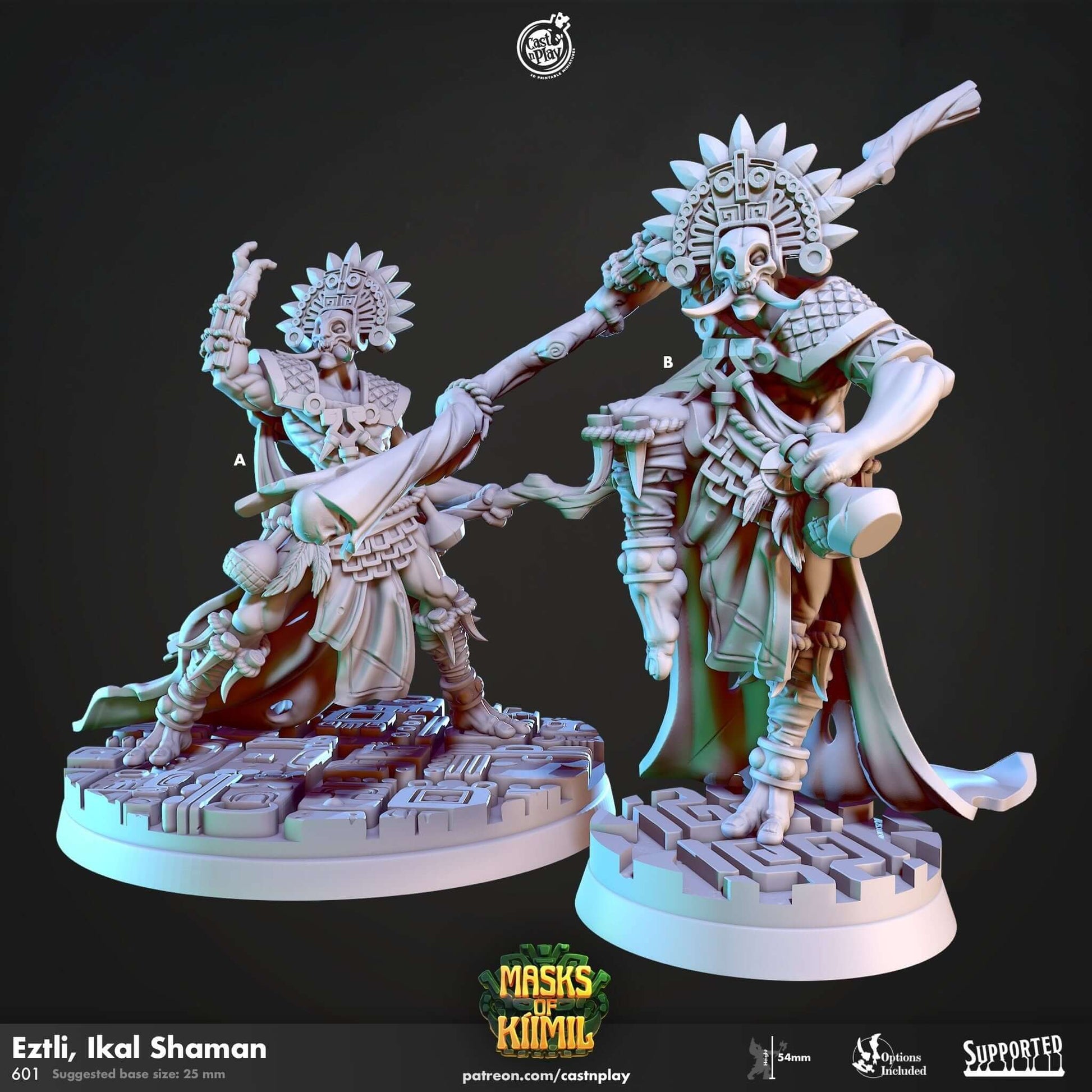 "Eztli Ikal Shaman Cast N Play Masks Of Kiimil 3D resin miniature front view Border3D LLC"