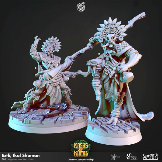 "Eztli Ikal Shaman Cast N Play Masks Of Kiimil 3D resin miniature front view Border3D LLC"