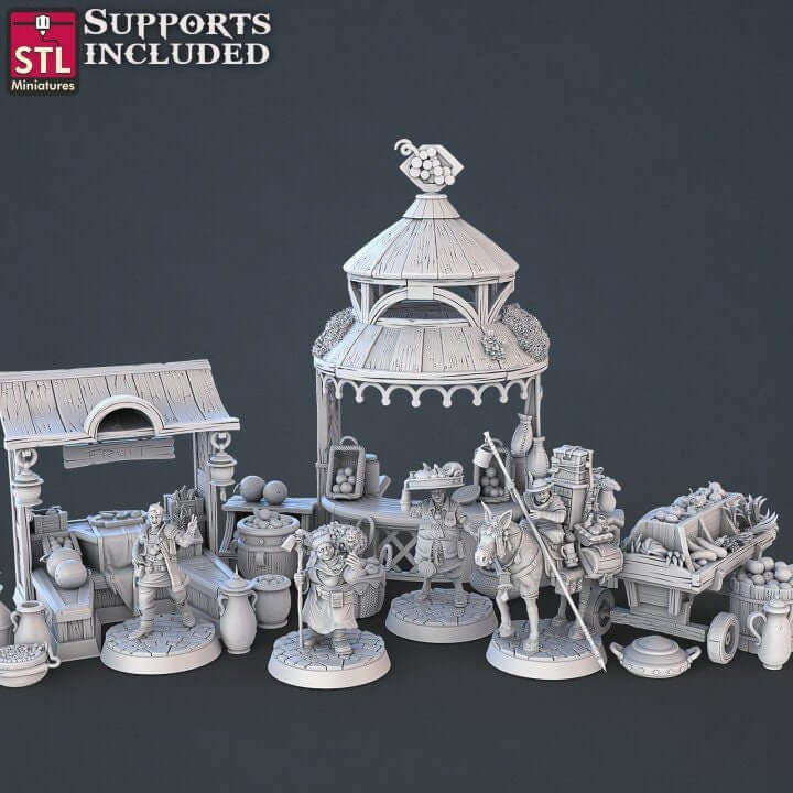 "Food Vendors Set STL Miniatures 3D resin terrain front view Border3D LLC"