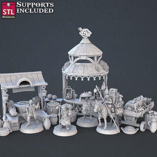 "Food Vendors Set STL Miniatures 3D resin terrain front view Border3D LLC"